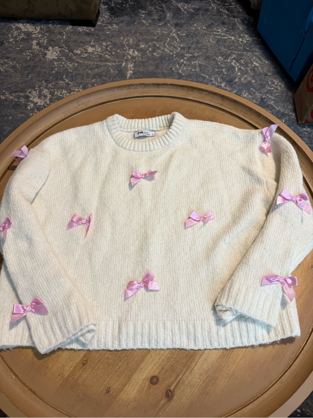 Cream Crewneck Sweater with Pink Ribbon Bows